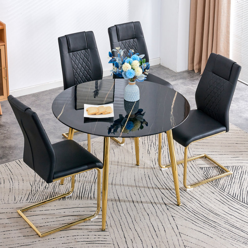 5 Piece Round Marble Effect Top Dining Table Set Black Gold